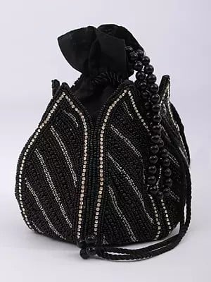 Black-Onyx Drawstring Lotus Design Bridal Potli Bag with Beaded Embroidery