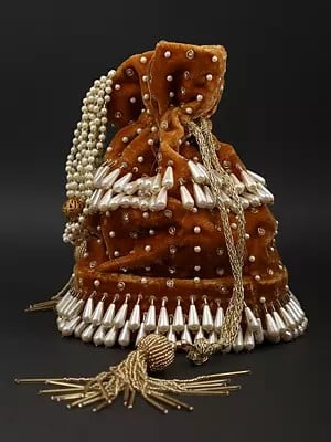 Bridal Drawstring Velvet Potli Bag with Embroidered Beads and Faux Pearls