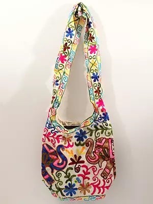 Pure Cotton Shopper Bag with Aari Embroidered Elephants and Florals