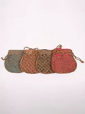 Lot of Four Drawstring Potli Bags with Bead and Sequins Embroidery