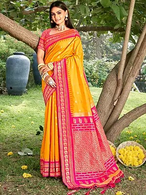 Zari Woven Paithani Silk Saree with Beautiful Peacock and Floral Design Pallu