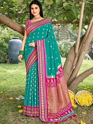 Zari Woven Paithani Silk Saree with Beautiful Peacock and Floral Design Pallu