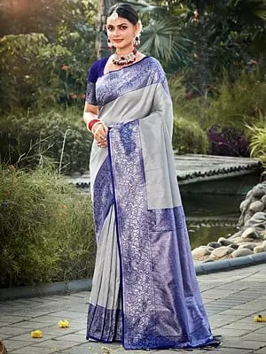 Traditional Wear Kanjivaram Silk Saree with Contrast Border and Tassels on Pallu