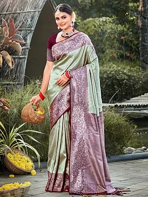 Traditional Wear Kanjivaram Silk Saree with Contrast Border and Tassels on Pallu