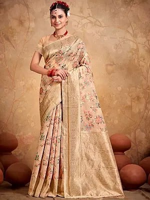 Women Floral Woven Cotton Saree with Contrast Pallu and Tassels