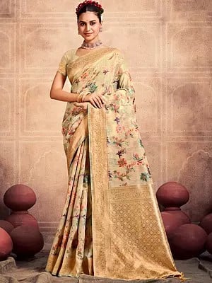 Floral Printed Bordered Cotton Saree with Blouse for Women