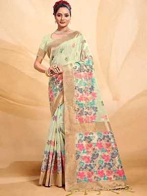 Designer Women's Cotton Saree with Floral Pallu and Tassels
