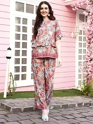 Dull-Red Floral Printed Rayon Co-Ord Set with Round Neck and Matching Bottom
