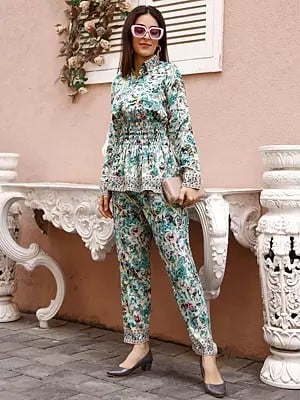 Teal-Green Floral Printed Rayon Co-Ord Set with Mandarin Collar