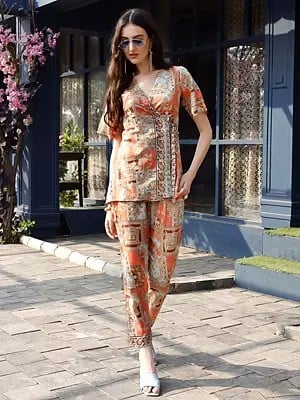 Neon-Orange Paisley Printed Rayon Co-Ord Set In V-Neck