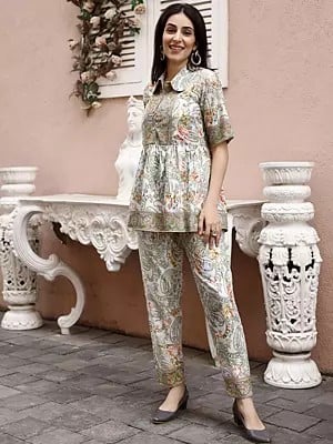 Greenish-Grey All Over Floral Printed Co-Ord Set For Women's
