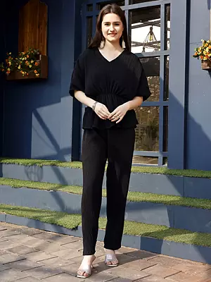 Jet-Black Plain Crush Co-Ord Set with Attractive Look for Women
