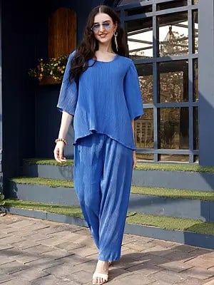 Round Neck Crush Plain Attractive Co-Ord Set In Royal-Blue