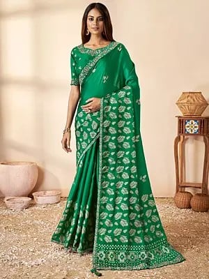 Hunter Green Zari Sequence Gajji Silk Saree with Floral Pallu and Blouse