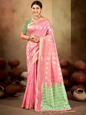 Ethnic Motifs Woven Design Linen Saree for Women with Chevron Pattern Border and Tassels