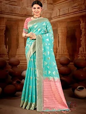Geometric Design Linen Saree with Floral Border and Contrast Pallu