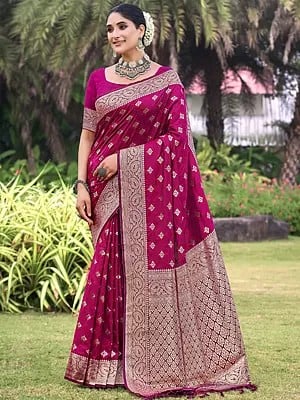 Beautiful Kanjivaram Silk Saree with Handwoven Paisley Design Border and Floral Buttas