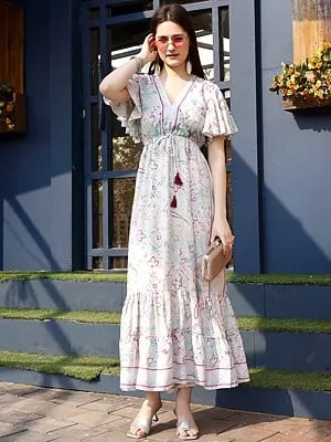 Off-White Floral Printed Rayon Designer Long Dress with Tassels Dori