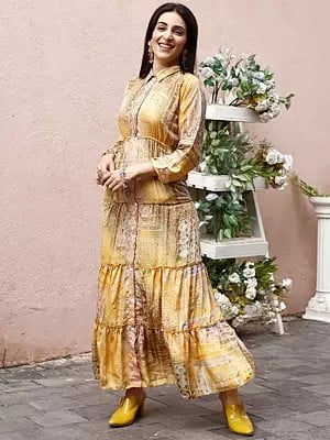 Yellow Printed Crepe Long Dress with Mandarin Collar