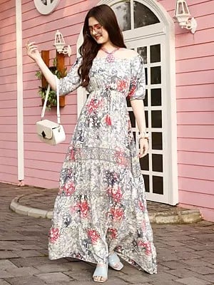 Light-Grey Paisley Printed Crepe Long Dress with Tassels