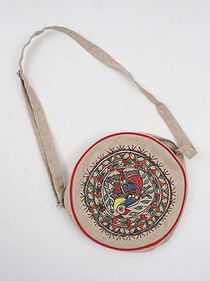 Bleached-Sand Round Sling Jute Bag with Madhubani Hand-Painted Peacock