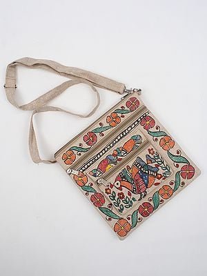 Hand-Painted Jute Sling Bag from Jharkhand with Madhubani Art