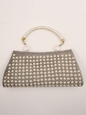 Silver Clutch Bag with Embroidered Crystals, Beads and Faux Pearls