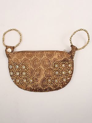 Gilded-Beige Brocaded Paisley Bracelet Bag with Embroidered Beads
