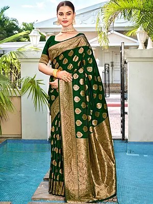 Women's Woven Buttas Silk Saree with Vine Pattern Border and Contrast Pallu