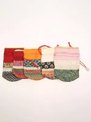 Lot of Five Floral Brocaded Drawstring Potli Bags from Banaras with Patchwork