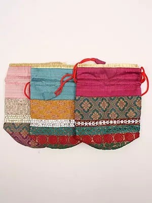 Lot of Three Brocaded Drawstring Potli Bags with Patchwork