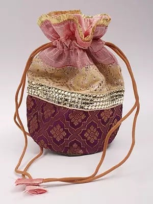 Drawstring Potli Bags with Brocaded Floral Motifs and Lace Work