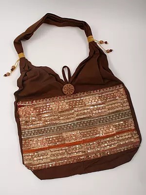 Cambridge-Brown Pure Cotton Patchwork Shopper Bag with Sequins Embroidery