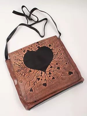 Raw-Sienna Side Shoulder Shantiniketan Leather Bag with Embossed Heart Figure