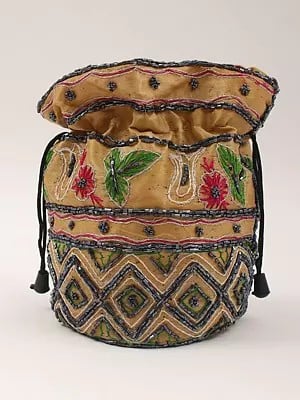 Rattan-Beige Potli Bag with Beads Embroidery
