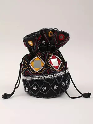 Drawstring Potli Bags with Mirror and Bead Embroidery