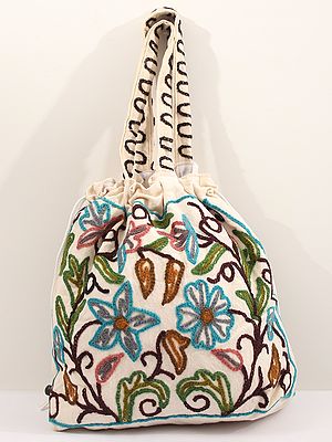 Snow-White Drawstring Potli Bags with Crewel Embroidered Flowers