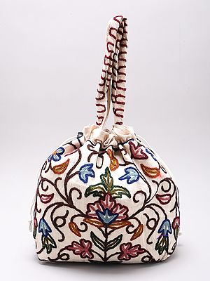 Snow-White Drawstring Potli Bags with Crewel Embroidered Flowers