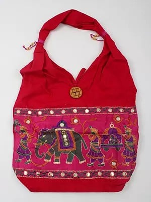 Pure Cotton Shopper Bag with Zari and Mirror Embroidered Patch and Wedding Palanquin Motif