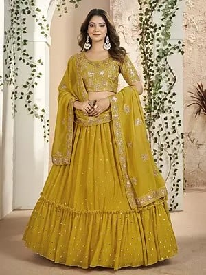 Faux Georgette Thread & Sequins Embroidery Lehenga With Floral Blouse And Dupatta