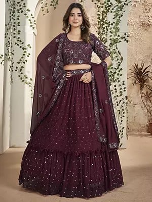Faux Georgette Thread & Sequins Embroidery Lehenga With Floral Blouse And Dupatta