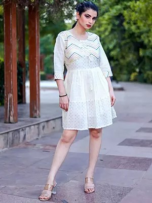 Multi Thread Khadi Cotton Party Wear Off-White Dress with multicolor lining