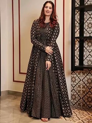 Muslin Coal Black Festive Wear Koti Style Indo-Western Suit with Round Flair