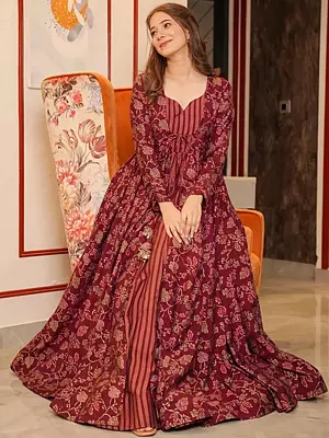 Wedding Wear Maroon Digital Printed Pure Muslin Indo-Western Suit