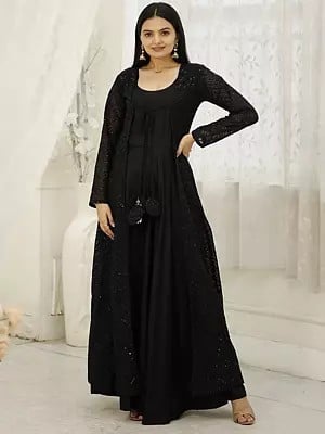 Women's Designer Gorgette Crochet Embroidery Work Rayon Black Gown With Shrug