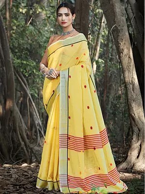 Stripe Pattern Linen Saree With Blouse And Tassels Pallu