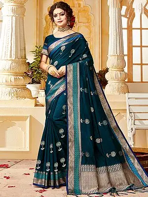 Floral Motif Cotton Handloom Saree With Attractive Pallu And Blouse