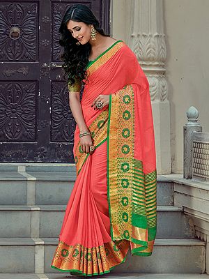 Pale-Red Cotton Handloom Saree With Stirped Pallu And Blouse