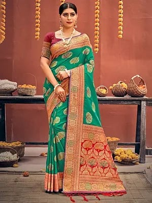 All Over Tree Pattern Design Banarasi Silk Saree With Colorful Tassels On Pallu