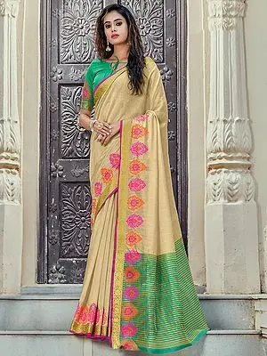 Boutique-Beige Cotton Handloom Saree With Striped Pallu And Blouse